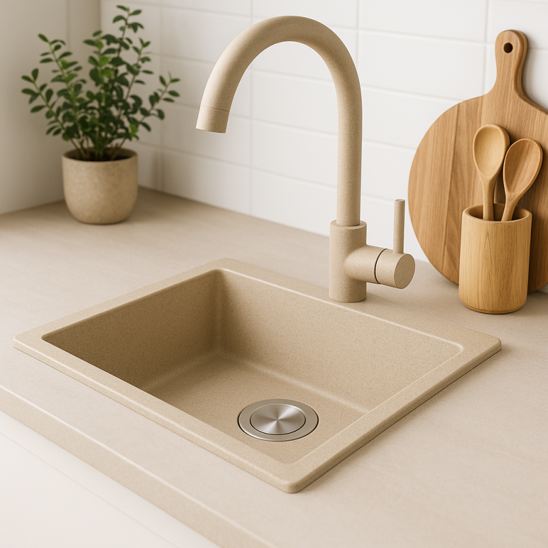 Гранитна мивка GraniteMy Universal от бежов гранитен пясък 34x40 см за надстройка, подстройка и вграждане с неръждаем тап 1208968007